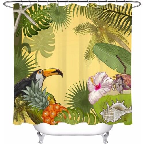 LB Toucan Green Monstera Leaves Shower Curtain Hibiscus Bathroom Waterproof Mildew Resistant Polyester Fabric for Bathtub Decor