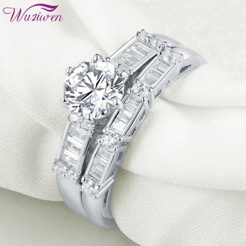 Wuziwen 2 Pcs Solid 925 Sterling Silver Wedding Rings For Women Round Cut AAAAA CZ Engagement Rings Bridal Set QR104824