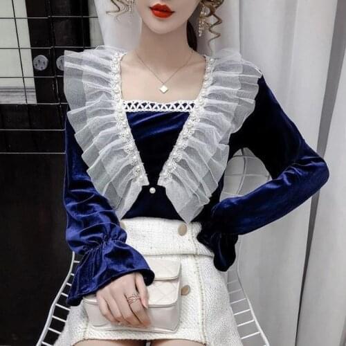 Autumn and winter bottoming shirt womens design sense niche 2020 new fashion ruffled mesh stitching top