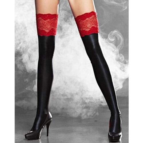 Women Wet Look Faux Leather Thigh High Stockings with Red 15cm Lace Top Thigh-High Hosiery Socks Sexy Fetish Lingerie Costume
