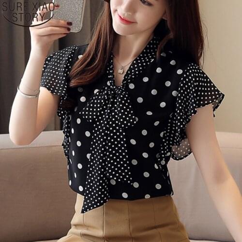 Women Tops Blusas Mujer De Moda 2021 Bow Chiffon Blouse Summer Dot Print Shirt Womens Tops and Blouses V-Neck Sleeveless 4719