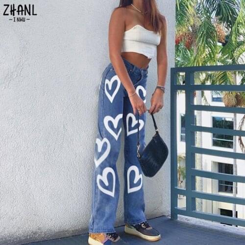 Womens Vintage Heart Printed Y2K Baggy Jeans pants Women High Waist Harajuku Aesthetic Mom Jeans Denim Streetwear 90s Trousers