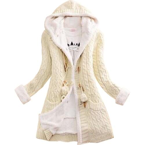 Lady Winter Hooded Fleece Liner Cardigan Knitted Sweater Coat Women Thick Warm Long Sleeve Knit Weave Long Jacket Tops