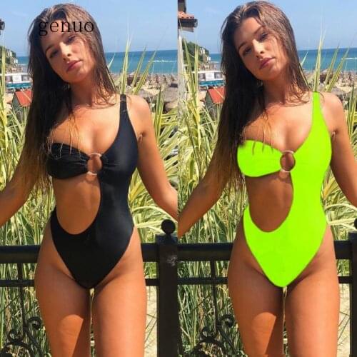 Women Sexy One Shoulder Swimwear One Piece Swimsuit Fashion Design Sexy Irregular Ring Bikini Pure Colour Bathing Suits