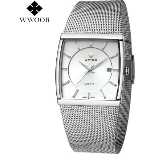 WWOOR 5 Bar Waterproof Watch Men Square Date Stainless Steel Male Clock Quartz Watch for Men Sports Wristwatch relogio masculino