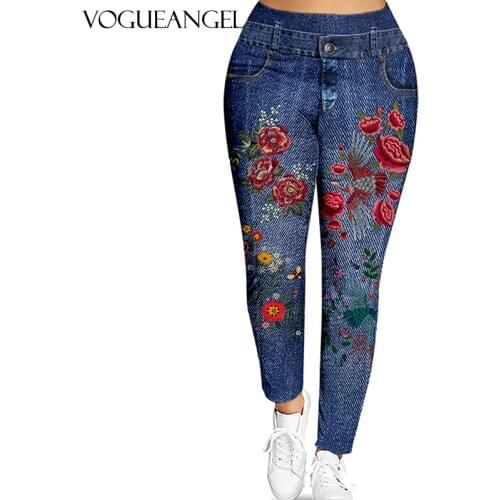 Women Plus Size S-5XL Imitation Denim 3D Print Leggings High Waist Sexy Skinny Leggings Ladies Casual Pants Leggins 2021