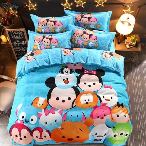 Disney Tsum Tsum Cartoon Bedding Set Boys Girls Kids Mickey Mouse Minnie Mouse Character Duvet Cover Bed Sheet Pillowcases 4pcs