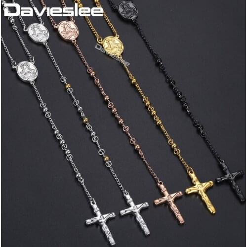 Davieslee Mens Rosary Necklacce Long Bead Chain Crown Jesus Cross Pendant Sliver Gold Tone Stainless Steel 4/6/8/10mm LKN365