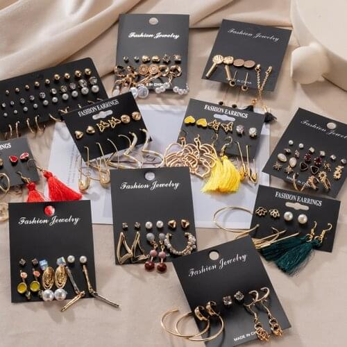 New Womens Earrings Set Pearl Tassel Earrings For Women Gold Bohemian Fashion Jewelry 2020 Geometric Crystal Heart Stud Earring