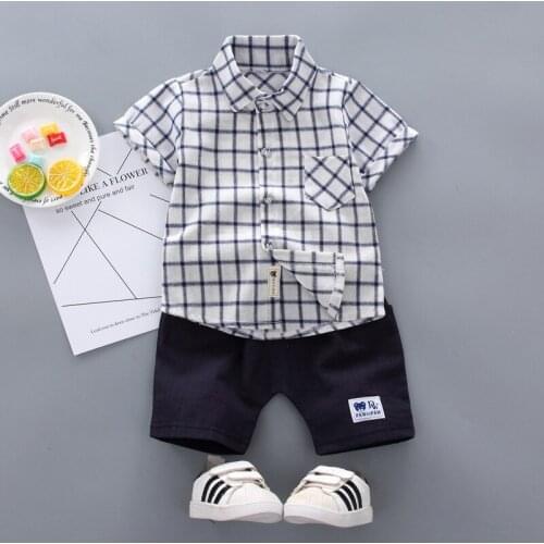Boy Summer New Plaid Shirt Shorts Set Boy short sleeve plaid shirt shorts two-piece Boy Plaid Shirt Shorts Casual Set