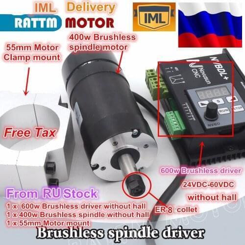 RU.EU. 400W Brushless CNC Spindle Motor 48VDC ER8 & 600W Brushless Motor Driver Without Hall & 55mm Spindle motor Mount Clamp