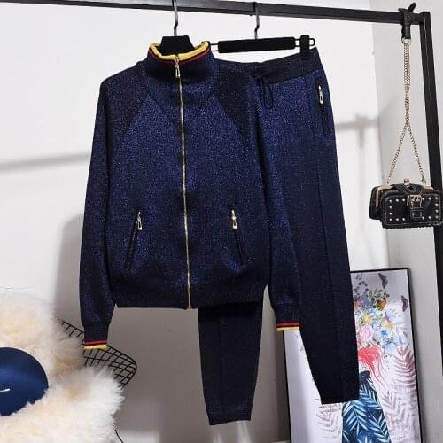 Dark Blue Sports Knitted Tracksuits Women Set Loose Turtleneck Bright Silk Zipper Cardigan Sweater Pencil Pants Outfits Female