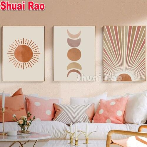 Triptych Abstract Landscape Sun and Moon Scene Boho 5d DIY diamond embroidery Plant Diamond painting full square round drill