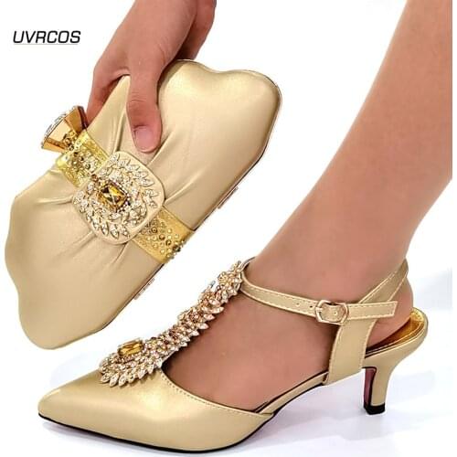 Royal Gold Color African Shoes And Bag Matching Set With Stones Shoes Women Italian design Shoes And Bag Set For Party Wedding