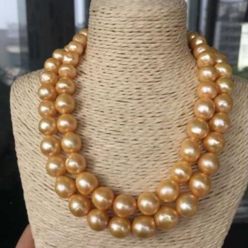 Gorgeous 11-12mm baroque freshwater gold pearl pearl necklace 38inch925silver