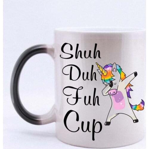 Magic Mug Shuh Duh Fuh Cup Unicorn Heat Sensitive Coffee/Tea Cup Morphing Mug Ceramic Coffee Mug Color Changing Cup Novelty Fami