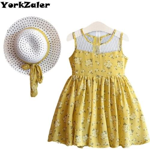 YorkZaler 2 PCS/set Summer Girls Dress With Hat Sleeveless Mesh A-Line Kids Dress Sundress With Sun Hat Baby Girl Clothes