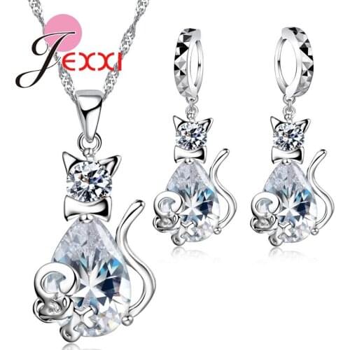 Cute White Cat& Mouse Jewelry Sets 925 Sterling Silver CZ AAA Cubic Zirconia Crystal Mother Days Gift Jewelry Sets El collar