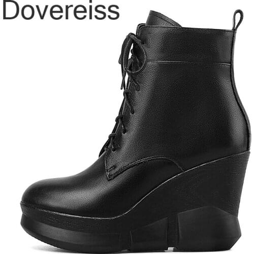 Dovereiss Fashion Spring Womens Shoes Cross Tied Internal Height Genuine Leather Pure color Beige Cowhide Consice Gym shoes