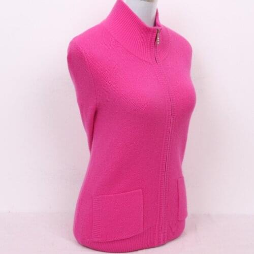 Top quality 100%goat cashmere womens zipper add thick cardigan sweater coat half-high collar S/90-5XL/125