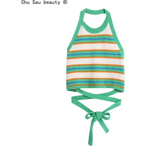 2021 Summer New Vintage Sexy Striped Neck-Mounted Knitted Pullover Backless Lace-Up Ultra Short Crop Top Women