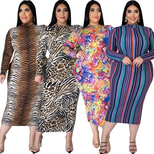 Plus Size Dresses for Women 4xl 5xl Long Sleeve Striped Leopard Printed Elegant Vintage Evening Party Dinner Dress Outfits
