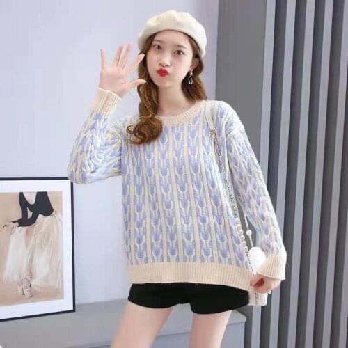 2021 autumn and winter temperament ladies new Korean style contrast color pullover loose long-sleeved round neck sweater women