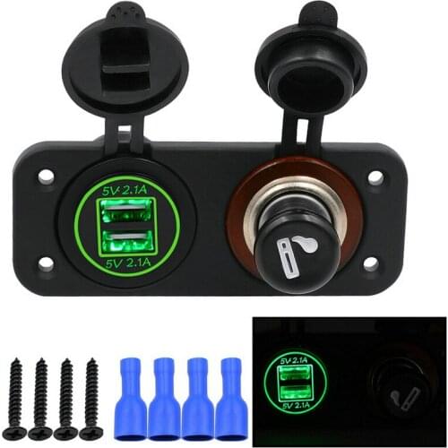 50Pcs/Lot Waterproof 12-24v 4.2a Dual Ports Green USB Power Port Car Charger Cigarette Lighter Plug Socket Adapters