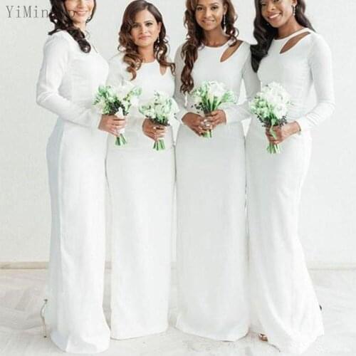 YiMinpwp White Bridesmaid Dresses O Neck Hollow Back Vent Floor Length Sheath Wedding Guest Party Gowns Maid of Honor Dress