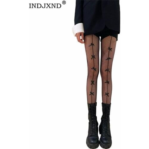 INDJXND Long Stockings Women Sexy Thigh High Fishnet Nylon Standard Over Knee Striped Bow Stitching Pantyhose 1pair Lingerie