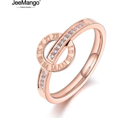 JeeMango Trendy Titanium Stainless Steel Roman Numerals Rings For Women Girl Mosaic CZ Crystal Love Wedding Ring Jewelry JR19075