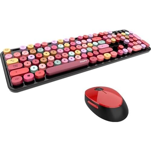2.4G Wireless Keyboard Mouse Kit Girl Gift 104 Keys Punk Round Mixed Color Keycap Cute Pink Blue Green Red Black For PC Laptop
