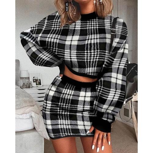 Plaid knitted two-piece suit sexy autumn Dress women elegant winter sweater dress Sexy female fashion party short dress