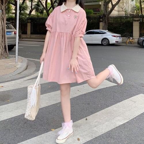 Summer Sweet Japanese Kawaii Bear Pattern Dress Teen Girls Casual Preppy Loose Turn-up Collar Short Sleeve Female Princess Dress