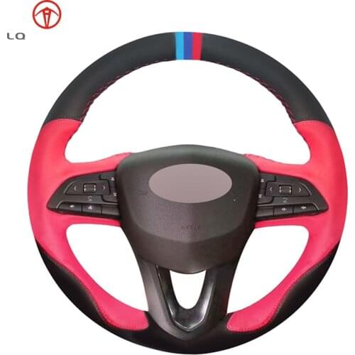 LQTENLEO Black Suede Red Leather DIY Hand-stitched Car Steering Wheel Cover For Cadillac XT4 2017 2018 2019