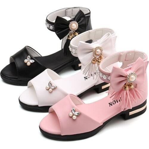 Fashion Leather Tassel Princess Beading Rhinestone Summer Sandals Kids Soft Bottom High Heel Girls Shoe Childrens Beach Shoes