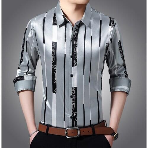 2021 Male Clothes Spring Long Sleeve Striped Silk Floral Caual Dress Camisa Masculina Military Style Men Shirt Slim Streetwear