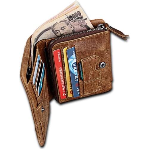 New Women Men Wallets Genuine Leather Short Bifold Purse Top Layer Cowhide RFID Blocking Tri-Folds Card Wallet For Man Ladies