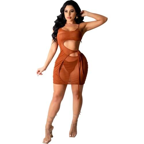 Sexy Sheer Mesh Lace Up Mini Summer Dress Women 2021 Spaghetti Strap O Neck Hollow Out Bandage See Through Club Party Dress