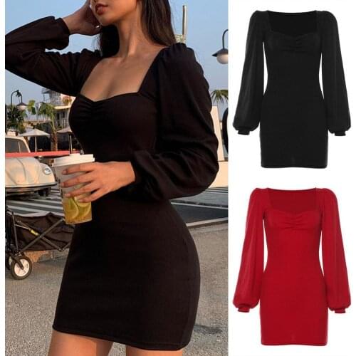 Lantern Sleeve Dress Right-angle Shoulder Bodycon Square Collar Mini Dress for Party