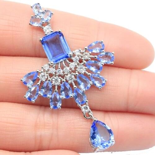 55x34mm SheCrown Long Silver Pendant For Ladies Created Violet Tanzanite Pink Tourmaline Zircon Hot Pick Dating Jewelry