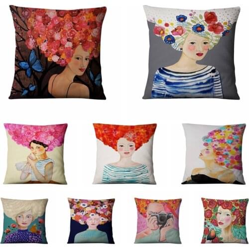 Christmas Pillow Decoration Retro Watercolor Girl With Flowers Printed Pillowcase Home Decor Sofa Throw Pillows Almofada 45*45cm