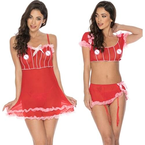 Christmas Red Women Sexy Lingerie Dress Set Bowknot Mesh See Through 2 Piece Set Sexy Dress for Sex Night Cosplay Costumes
