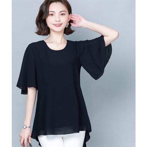 Summer Chiffon Half Flare Sleeve Shirts Women Casual Loose Basic Tops Female Elegant Vintage Ladies Shirts Plus Size M-7XL 8XL