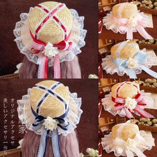 Lolita Multicolor Sweet Womens Lace Trim Long Ribbon Straw Hat Flat Top Sunshade Hat Soft Sister Summer Handmade Strawhat