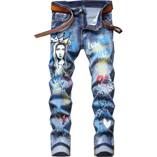 Mens Virgin Mary Printed Jeans Fashion Letters Crown Girl Painted Slim Stretch Denim Pants Trousers
