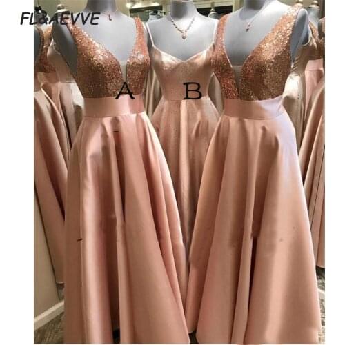 In Stock A Line Bridesmaid Dresses Gold Long V Neck Bridesmaid Dress Sequins Sleeveless for Wedding Party