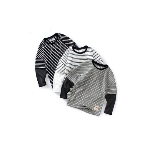 2020 spring and autumn childrens cotton printing striped fake two-piece long-sleeved T-shirt Boys T-shirts Kids T-shirts