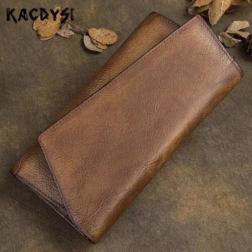 Handmade 100% Genuine Leather Vintage Mens Large Wallets Trifold Cards Case Retro Long Wallets Phone Holder Ladies Clutch Purse