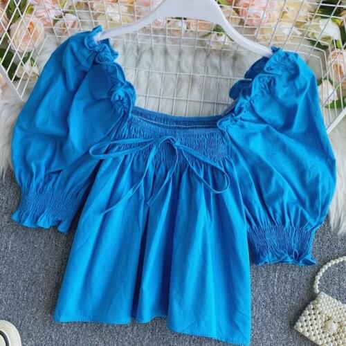 2021 Summer Women Fashion Short Sleeve Square Collar Ruffles Bandage Folds Solid Blouse Casual Pullovers Shirts